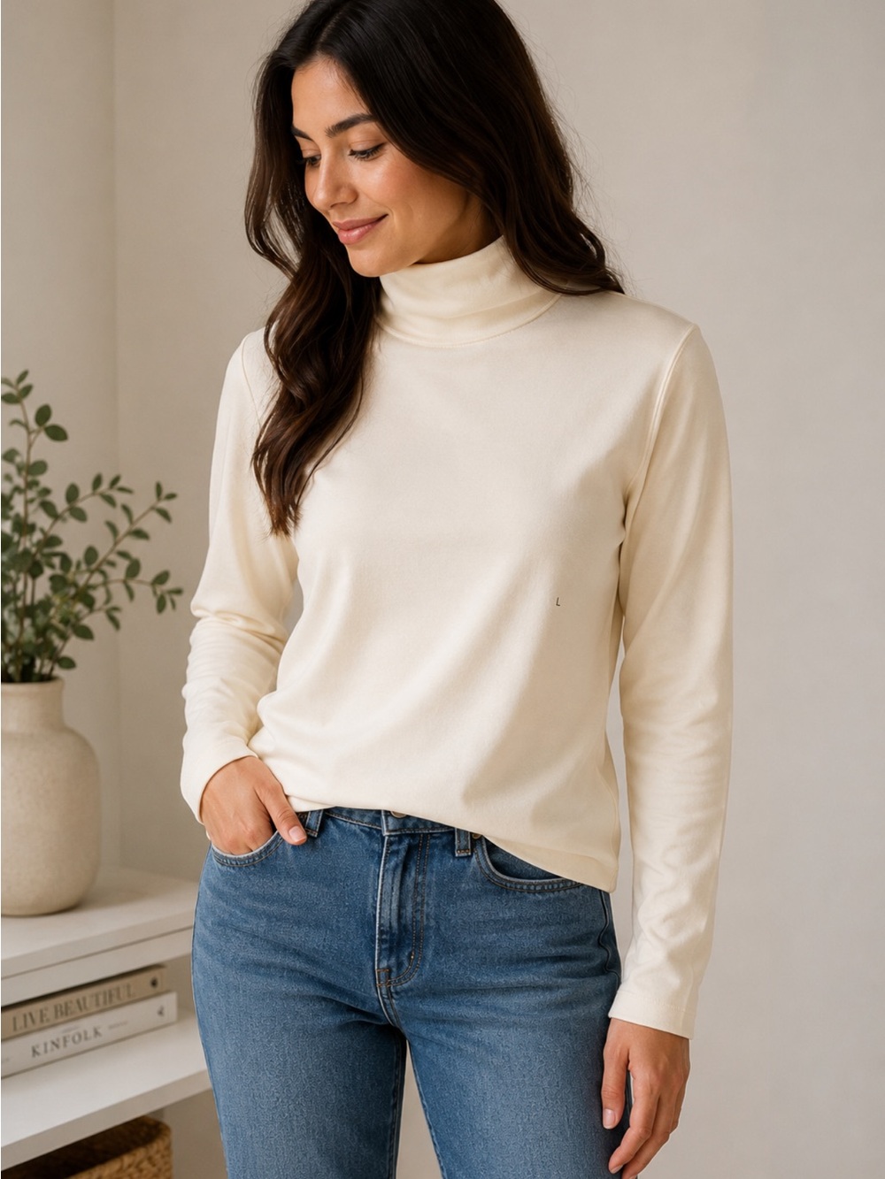 Hastings & Smith Ivory Turtleneck Top MWT Size L Soft Cotton Blend Long Sleeve